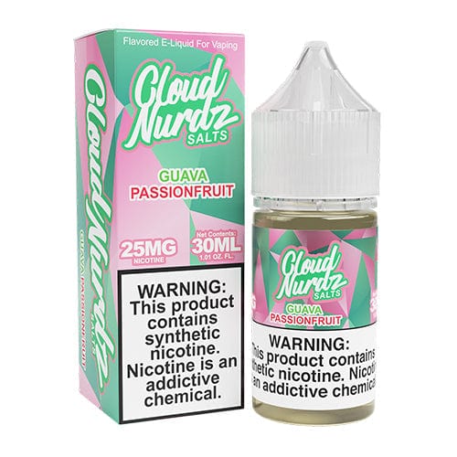 Cloud Nurdz Guava Passionfruit Salt E-liquid in 30mL bottle with vibrant pink and yellow label featuring guava and passionfruit images.
