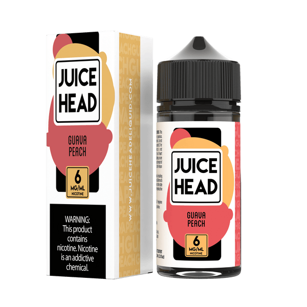 Juice Head Guava Peach e-liquid 100mL bottle with vibrant label featuring peaches and guava fruit images.
