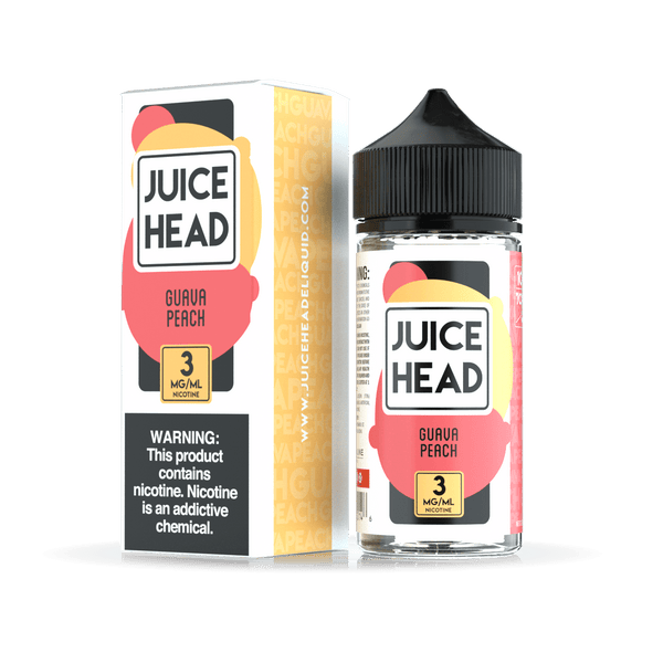Juice Head Guava Peach e-liquid bottle, 100mL, with vibrant label featuring guava and peach fruit illustrations.