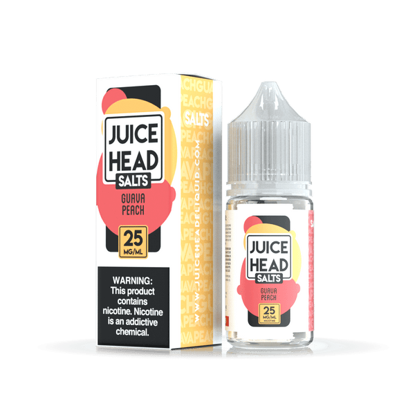 Juice Head Guava Peach Salt e-liquid bottle, 30mL, featuring a vibrant label with tropical guava and peach flavors.