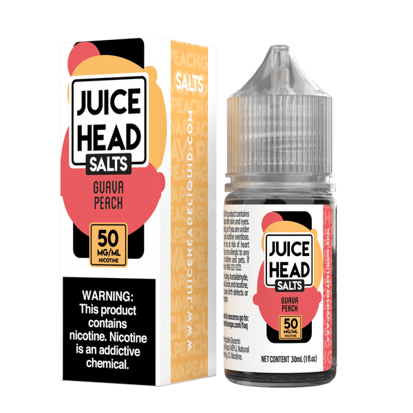 Juice Head Guava Peach Salt E-liquid bottle, 30mL, featuring fresh guava and peach flavor in a clear plastic container.