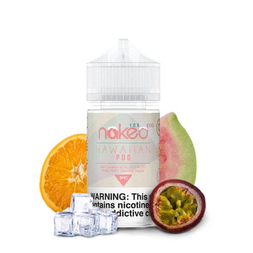 Hawaiian POG ICE e-liquid by Naked 100 in 60mL bottle, featuring tropical fruit flavors with a cooling menthol twist.
