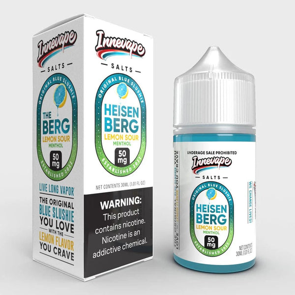 Heisenberg Lemon Sour Menthol Salt e-liquid by Innevape, 30mL bottle showing lemon and menthol flavor elements.