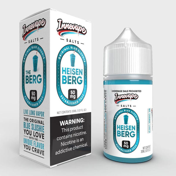 Heisenberg SALT Innevape E-Liquid 30ml bottle featuring vibrant blue and purple packaging with flavor details on the label.