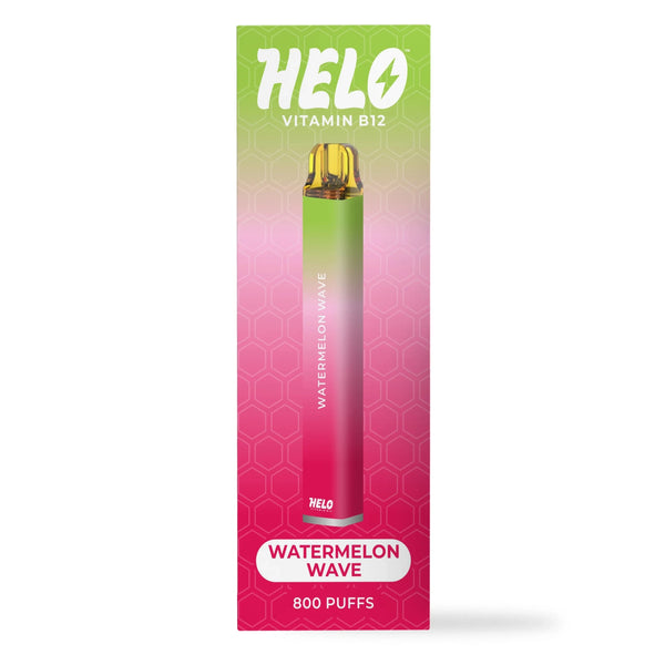 Melo Labs HELO Vitamin B12 disposable vape with 800 puffs, compact design, and vibrant blue color for on-the-go vitamin supplementation.