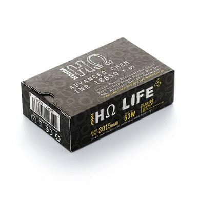 Hohm Tech LIFE4 18650 vape battery with 3015mAh capacity, shown in black with metal contacts.