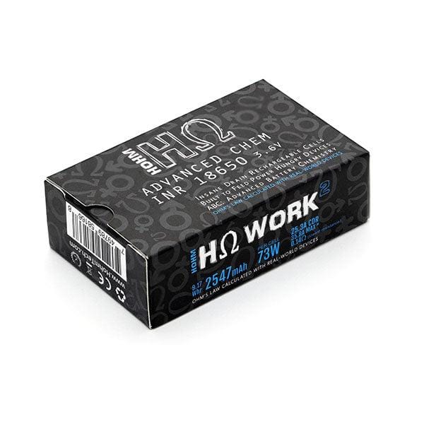 Hohm Tech Batteries HOHM WORK2 18650 2547mAh vape battery showing metallic body and branding, designed for vaping devices.