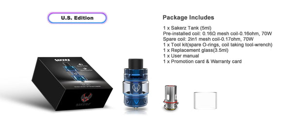HorizonTech Sakerz Sub-Ohm Tank for vaping, featuring a sleek design with glass and metal components, compatible with sub-ohm vaping systems.