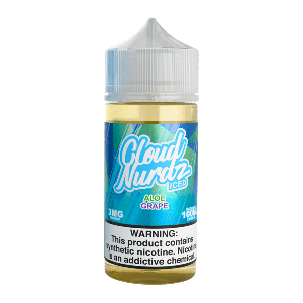 Iced Aloe Grape Cloud Nurdz e-liquid 100mL bottle with vibrant label featuring aloe and grape flavors and icy cool design.
