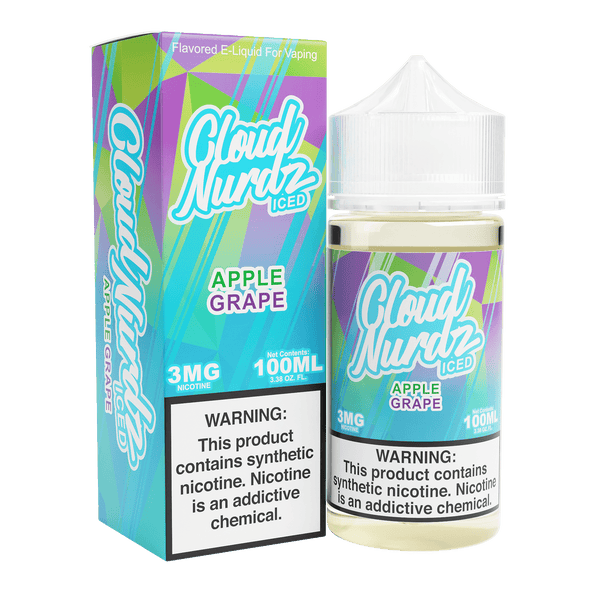 Iced Apple Grape Cloud Nurdz e-liquid 100mL bottle with vibrant label featuring apple and grape flavors and icy design.
