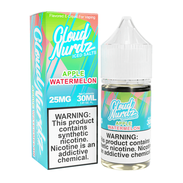 Iced apple watermelon salt e-liquid by Cloud Nurdz in a 30mL bottle, featuring refreshing fruit flavors with a cooling menthol finish.