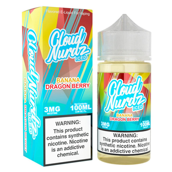 Iced Banana Dragon Berry Cloud Nurdz e-liquid bottle, 100mL, with vibrant label featuring banana, dragon fruit, and berry flavors.