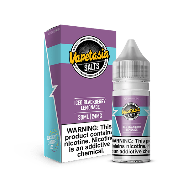 Vapetasia ICED Blackberry Lemonade Salt e-liquid bottle with black and purple design, 30mL, for vaping.