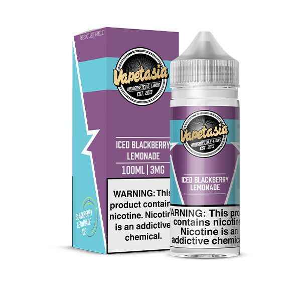 Vapetasia ICED Blackberry Lemonade e-liquid 100ml bottle with blackberries, lemon slices, and icy mint flavor profile.