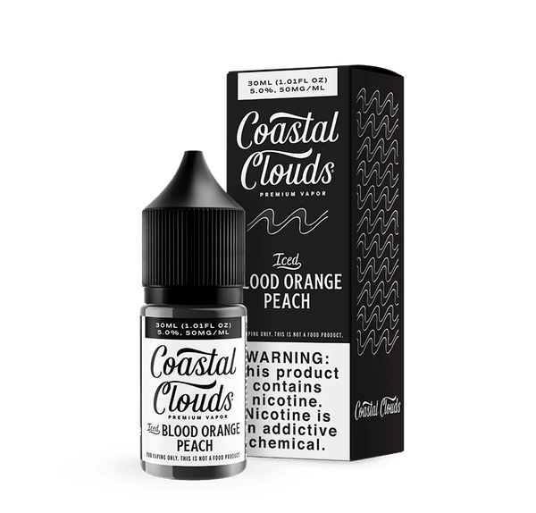 Iced Blood Orange Peach Salt e-liquid by Coastal Clouds in a 30mL bottle, featuring vibrant blood orange and peach flavors with a cool finish.