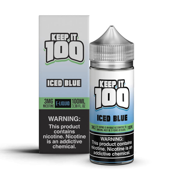 Blue-colored e-liquid bottle labeled "ICED Blue" by Keep It 100, 100mL bottle with icy blue flavor branding.