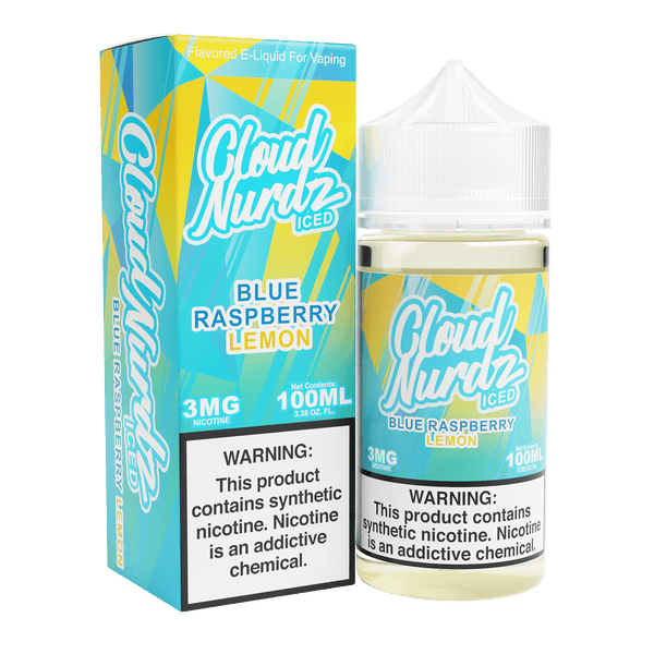 Iced Blue Raspberry Lemon Cloud Nurdz e-liquid in 100mL bottle with vibrant blue raspberry and lemon flavor illustration.