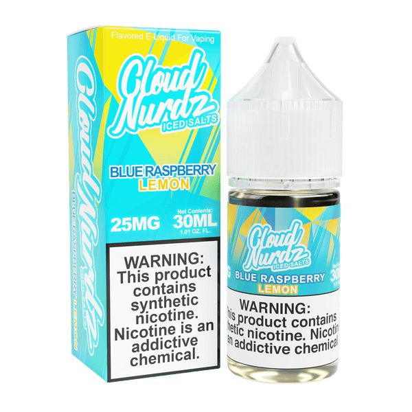 ICED Blue Raspberry Lemon Salt E-liquid by Cloud Nurdz in 30mL bottle, featuring icy blue raspberry and lemon flavor profile.