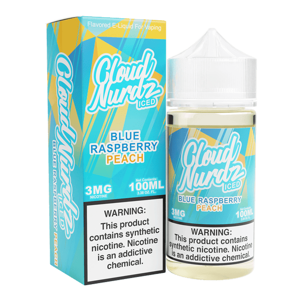 Iced Blue Raspberry Peach Cloud Nurdz E-liquid bottle, 100mL, featuring a colorful label with blue raspberry and peach flavor graphics.