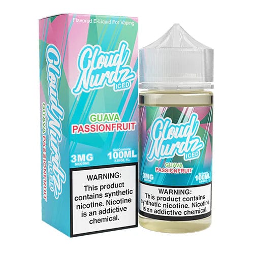 Bottle of Cloud Nurdz Iced Guava Passionfruit e-liquid in 100mL size with vibrant pink and tropical fruit flavors.