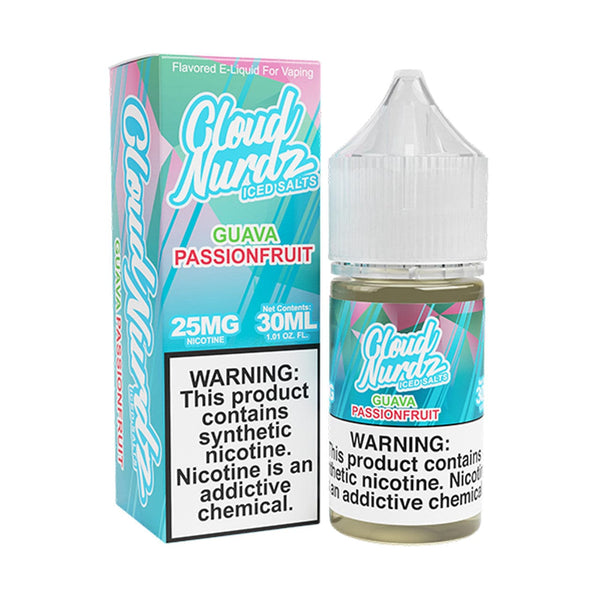 Iced Guava Passionfruit Salt e-liquid by Cloud Nurdz in 30ml bottle, featuring vibrant pink guava and tropical fruit flavor.