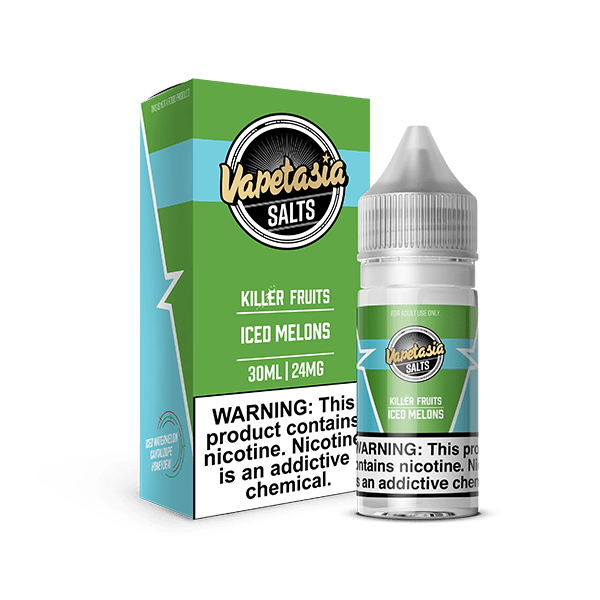 Vapetasia ICED Killer Fruits Melons SALT e-liquid bottle, 30mL, with a colorful label featuring fresh melons and icy flavor design.