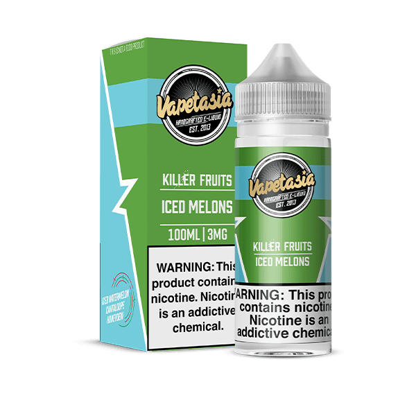 Vapetasia Iced Killer Fruits Melons e-liquid 100mL bottle with colorful label and melon fruit imagery.