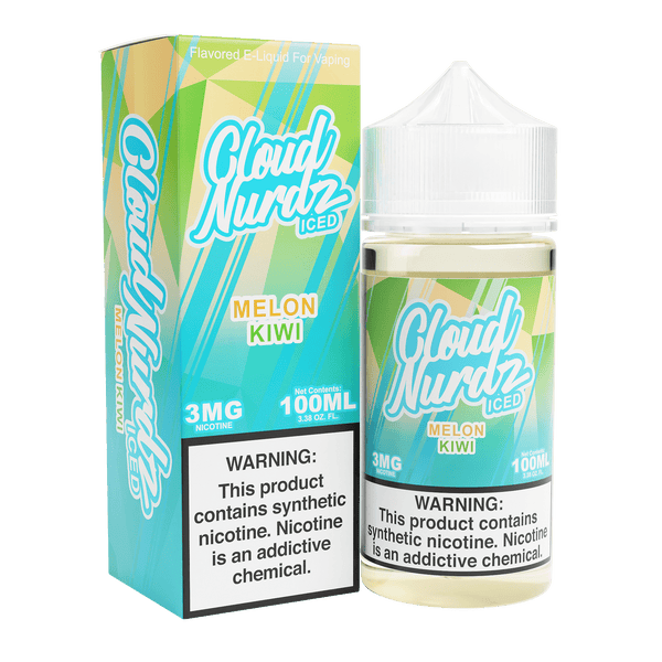 Iced Melon Kiwi Cloud Nurdz e-liquid bottle, 100mL, with vibrant label featuring melon and kiwi flavor illustrations.