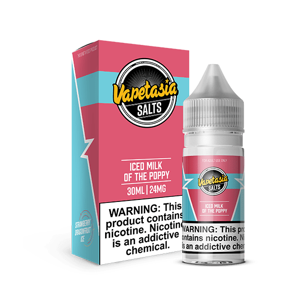 Vapetasia Iced Milk of The Poppy Salt e-liquid bottle, 30mL vape juice with iced milk and poppy flavor profile.