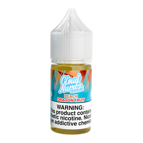 Iced Peach Dragon Fruit Salt e-liquid by Cloud Nurdz in a 30mL bottle, featuring peach, dragon fruit, and cooling menthol flavor.
