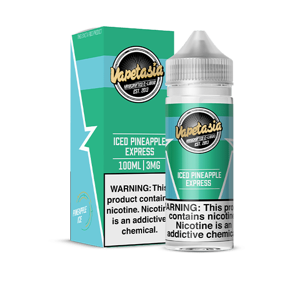 Vapetasia Iced Pineapple Express e-liquid 100mL bottle featuring tropical pineapple flavor with a cooling menthol finish.
