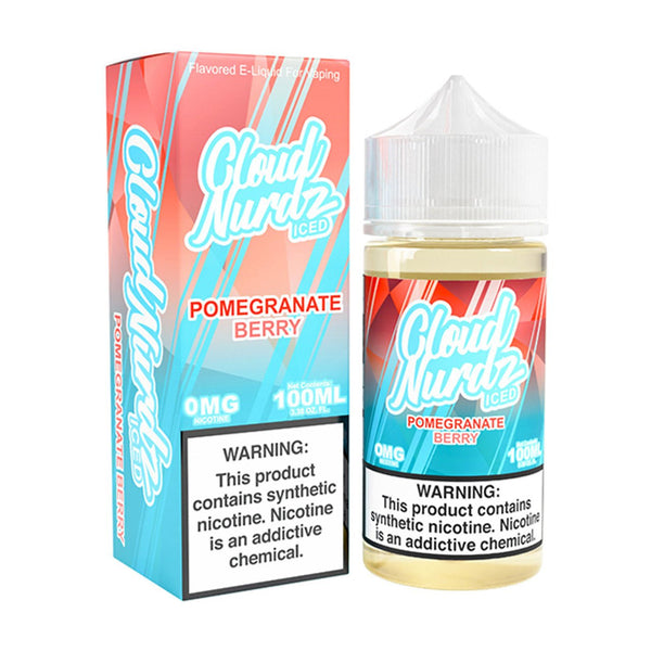 Iced Pomegranate Berry Cloud Nurdz e-liquid bottle, 100mL with colorful label featuring pomegranate and berry graphics.