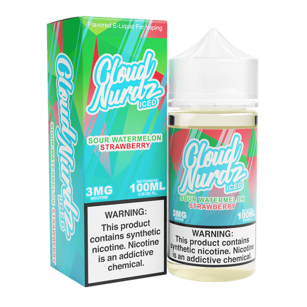 Iced Sour Watermelon Strawberry e-liquid by Cloud Nurdz in a 100mL bottle, featuring a refreshing blend of watermelon and strawberry flavors.