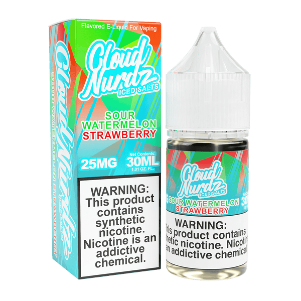 Bottle of Cloud Nurdz ICED Sour Watermelon Strawberry Salt e-liquid 30mL with icy, fruity flavor label.