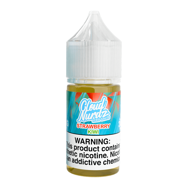 Iced Strawberry Kiwi Salt e-liquid by Cloud Nurdz in a 30mL bottle showing fresh strawberries and kiwi with icy flavor accents.