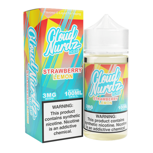 Iced strawberry lemon Cloud Nurdz e-liquid in a 100mL bottle with colorful label and branding, designed for vaping enthusiasts.