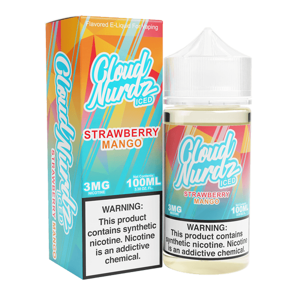Iced strawberry mango E-liquid by Cloud Nurdz in a 100mL bottle, featuring a refreshing blend of fruity flavors with a cool finish.