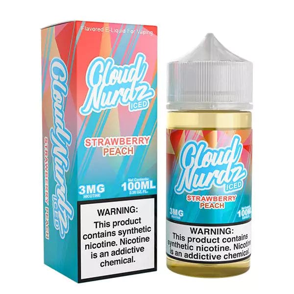 Iced strawberry peach flavored e-liquid by Cloud Nurdz in a 100mL bottle, featuring a vibrant label with fruit illustrations.