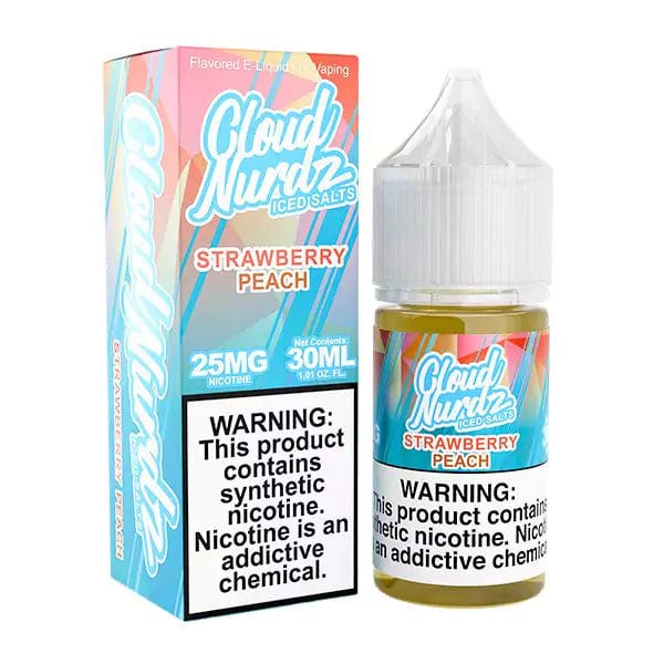 Iced strawberry peach salt e-liquid by Cloud Nurdz in 30mL bottle with vibrant fruit flavor and cool menthol finish.
