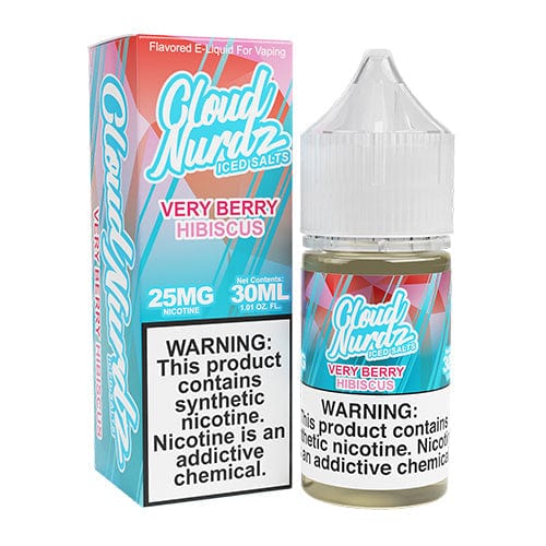 Iced Very Berry Hibiscus Salt E-liquid by Cloud Nurdz in 30ml bottle with vibrant berry and hibiscus flavor design.
