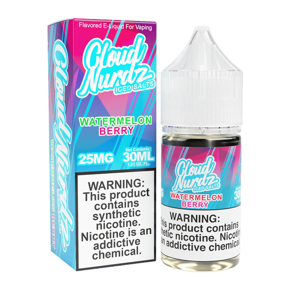 Iced watermelon berry salt e-liquid by Cloud Nurdz in a 30mL bottle, featuring a refreshing watermelon and berry flavor.