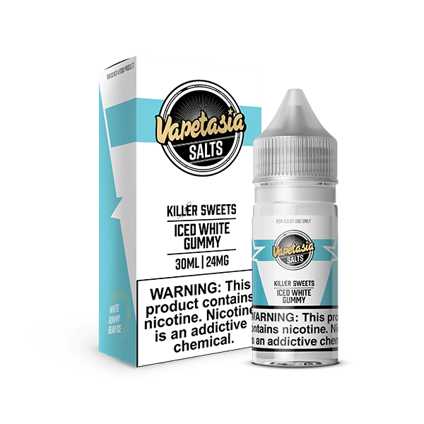 Vapetasia Iced White Gummy SALT e-liquid bottle with white and blue label, 30mL, featuring a gummy candy design on the packaging.