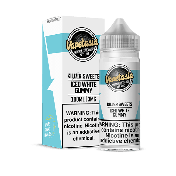 Vapetasia Iced White Gummy e-liquid 100mL bottle with white gummy bear flavor and icy menthol cooling effect.