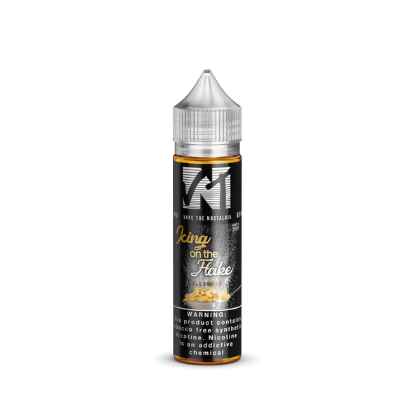 E-liquid bottle labeled Icing on The Flake by Vape The Nostalgia, 60mL vape juice with colorful packaging and branding.