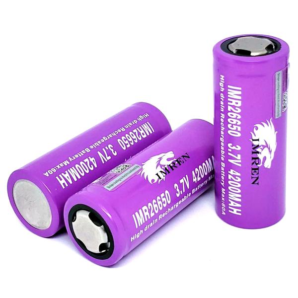 Imren 26650 4200mAh 60A rechargeable lithium-ion vape battery showing the black cylindrical battery with branding