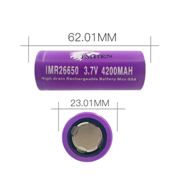 IMREN 26650 Rechargeable Battery with 4200mAh capacity and 60A discharge for vape devices, in black with positive and negative terminals.