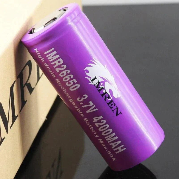 Imren 26650 4200mAh 60A rechargeable battery for vape devices, shown with black casing and positive terminal visible.