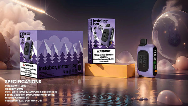 InstaBar WT15000 disposable vape pen with sleek design, showing the compact, portable device with colorful branding and mouthpiece.