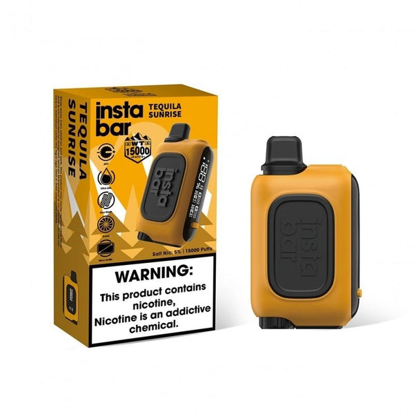InstaBar WT15000 disposable vape device with sleek design and mouthpiece, featuring branding and transparent body showing e-liquid.