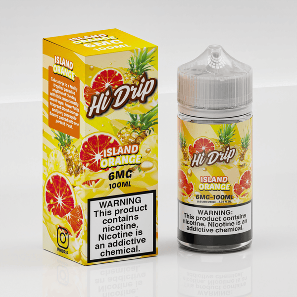Bottle of Hi Drip Island Orange e-liquid, 100mL, featuring vibrant orange flavor packaging and branding.